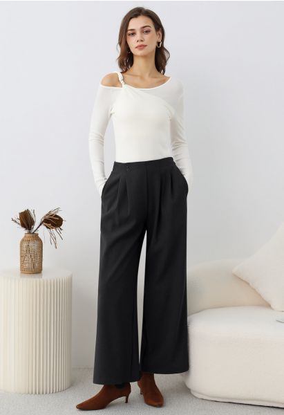 Pantalones palazzo con pliegues y botones, de estilo elegante y sencillo, en color negro