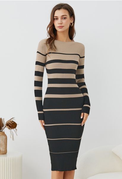 Color Block Stripe Bodycon Knit Midi Dress in Black