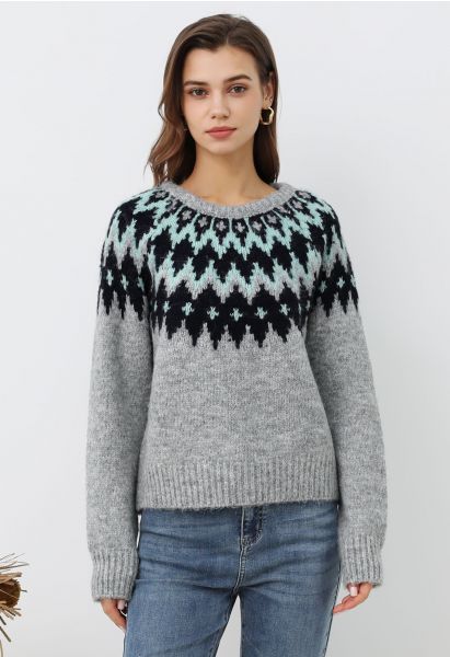 Suéter de punto acanalado Fair Isle de Winter Whimsy en gris