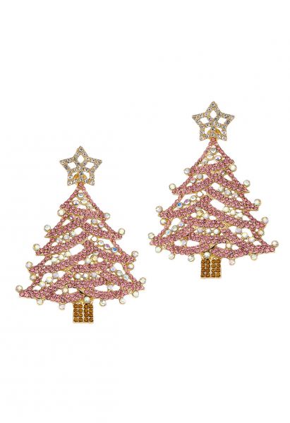 Pendientes de árbol de Navidad con estrella en la parte superior en color rosa