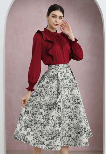 Falda midi elegante de corte A con estampado floral en jacquard