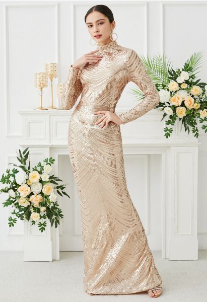 Geometric Sequin Mock Neck Mermaid Gown in Apricot