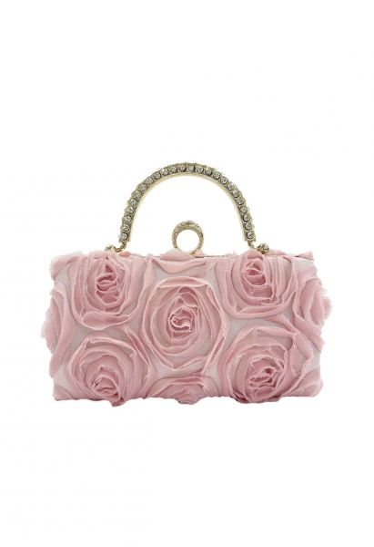 Bolso de mano con asa de diamantes de imitación en rosa opulento