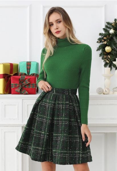 Falda de tweed plisada de cintura alta con cuadros escoceses brillantes en verde oscuro