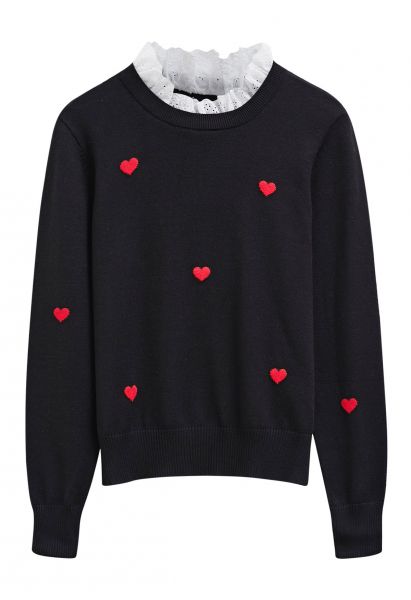 Blusa de punto con volantes y corazón rojo en algodón negro