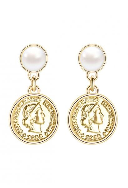 Pendientes colgantes con perla y monedas de oro vintage