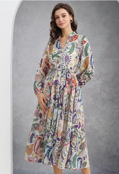 Spring Melody Paisley Metallic Chiffon Midi Dress