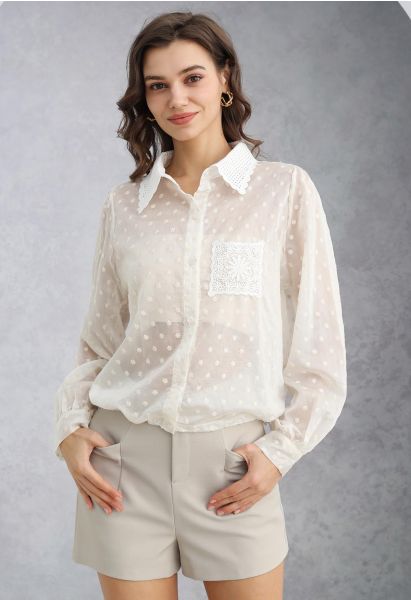 Lace Cutwork Pocket Embroidered Drawstring Shirt in Ivory