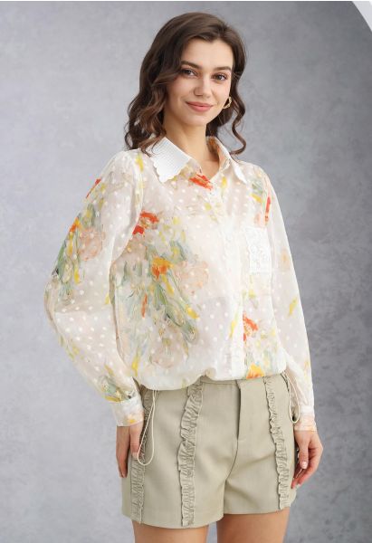 Lace Cutwork Pocket Embroidered Drawstring Shirt in Floral