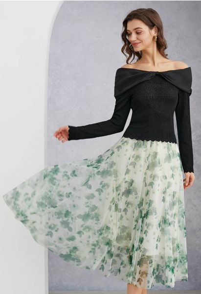 Falda midi de tul con malla y estampado floral de acuarela en color verde