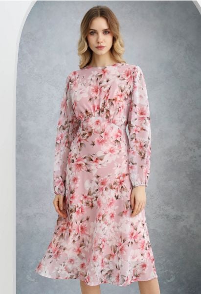 Vestido midi de gasa con mangas abullonadas y estampado de flores de cerezo