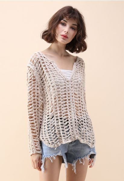 Top de red con cuello en V Glee Twine en crema