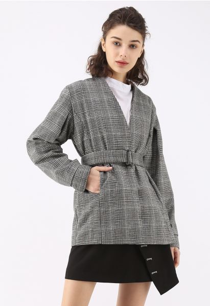 Americana moderna de tweed a cuadros refinada en gris