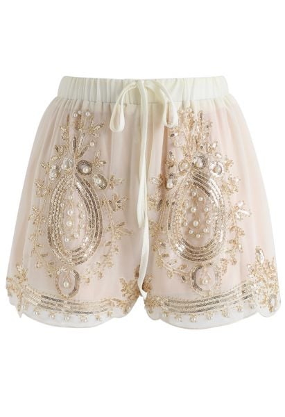 Shinning Perlas Pantalones cortos de gasa con ribetes en crema