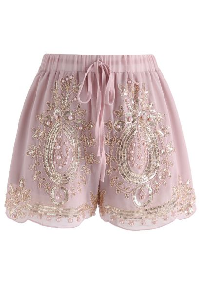 Shorts de gasa con perlas brillantes en rosa