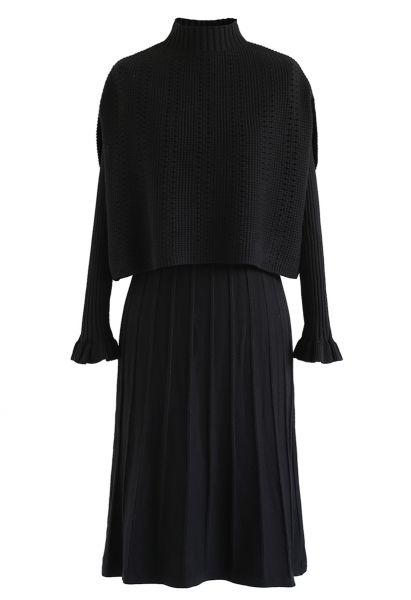 VESTIDO TWINSET DE PUNTO PLISADO CON CUELLO ALTO EN NEGRO