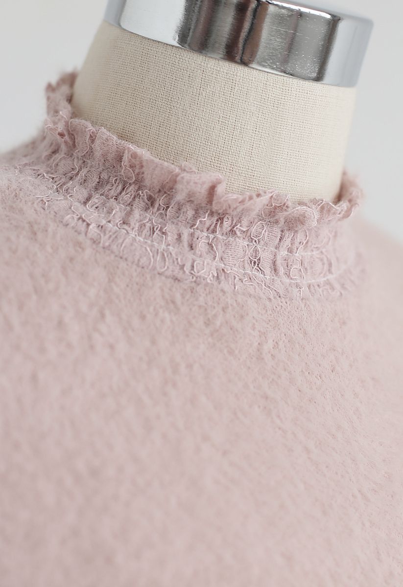 Vestido recto de punto esponjoso con dobladillo de encaje en rosa
