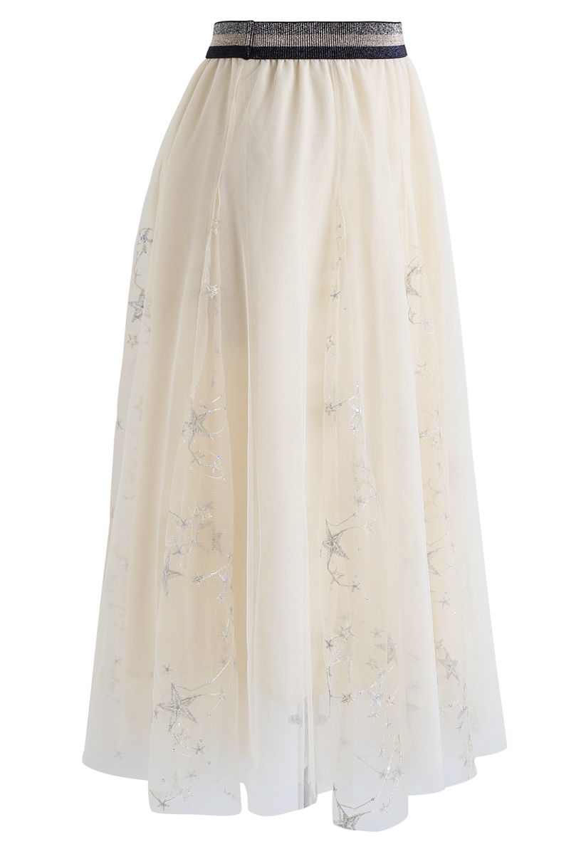 Falda de tul de malla con estrellas bordadas con lentejuelas en color crema
