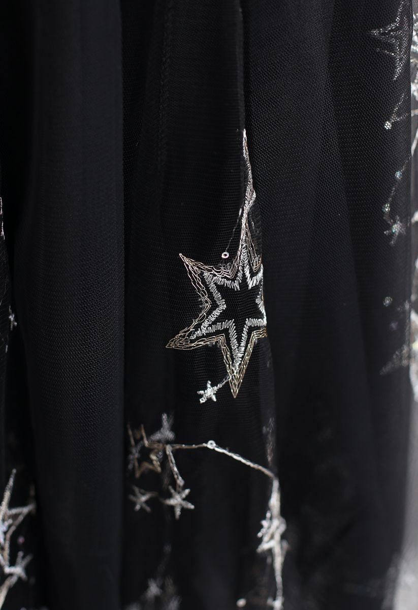 Falda de tul de malla de estrella bordada con lentejuelas en negro