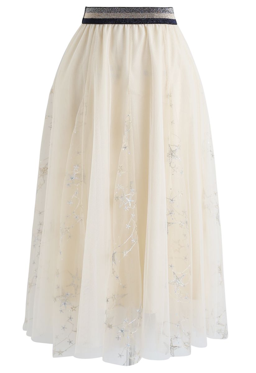 Falda de tul de malla con estrellas bordadas con lentejuelas en color crema