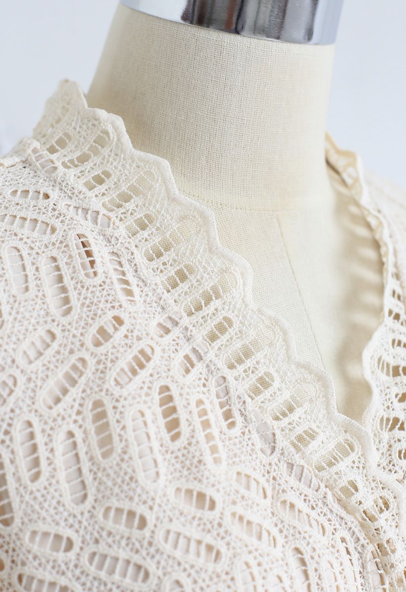 Full Crochet V-Neck Button Down Midi Dress in Cream