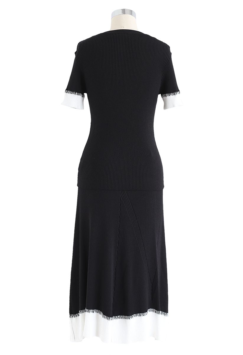 Conjunto de falda y top de canalé bicolor en negro