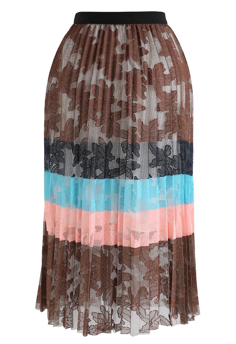 Falda midi plisada de malla floral con bloques de color en caramelo