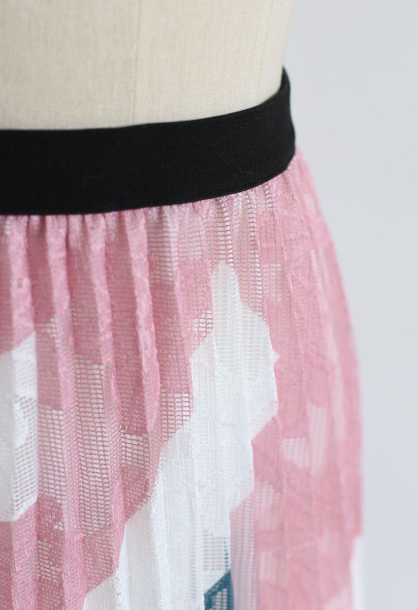 Falda midi plisada de malla floral en rosa