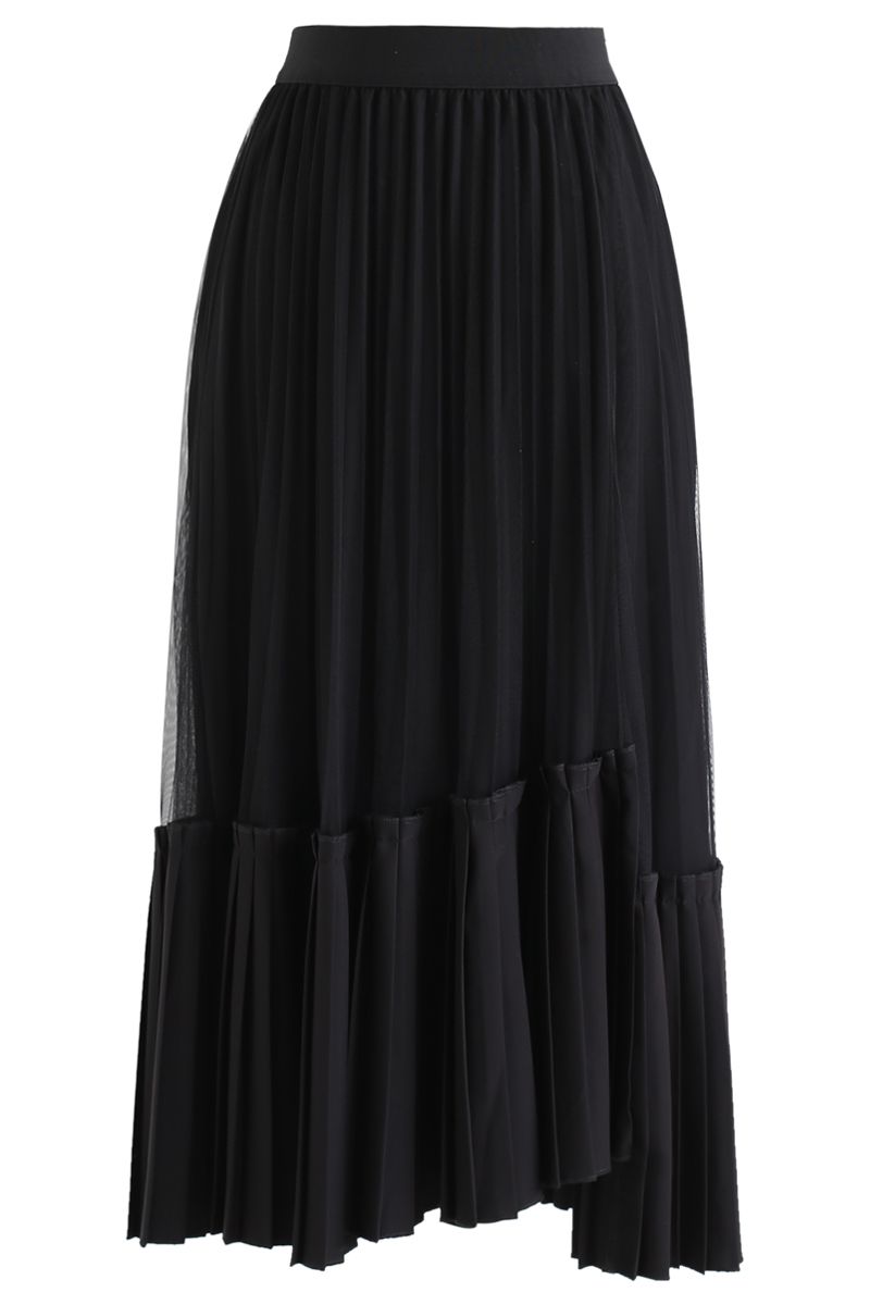 Falda midi plisada con dobladillo asimétrico de malla en negro