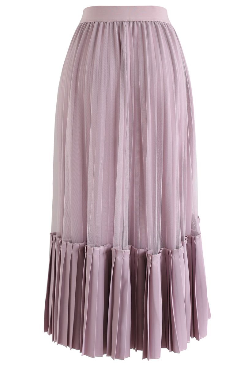 Falda midi plisada con dobladillo asimétrico de malla en lila