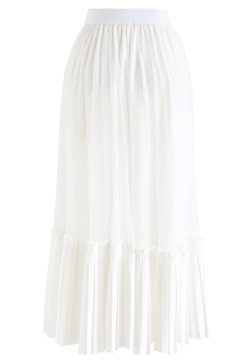 Falda midi plisada con dobladillo asimétrico de malla en blanco