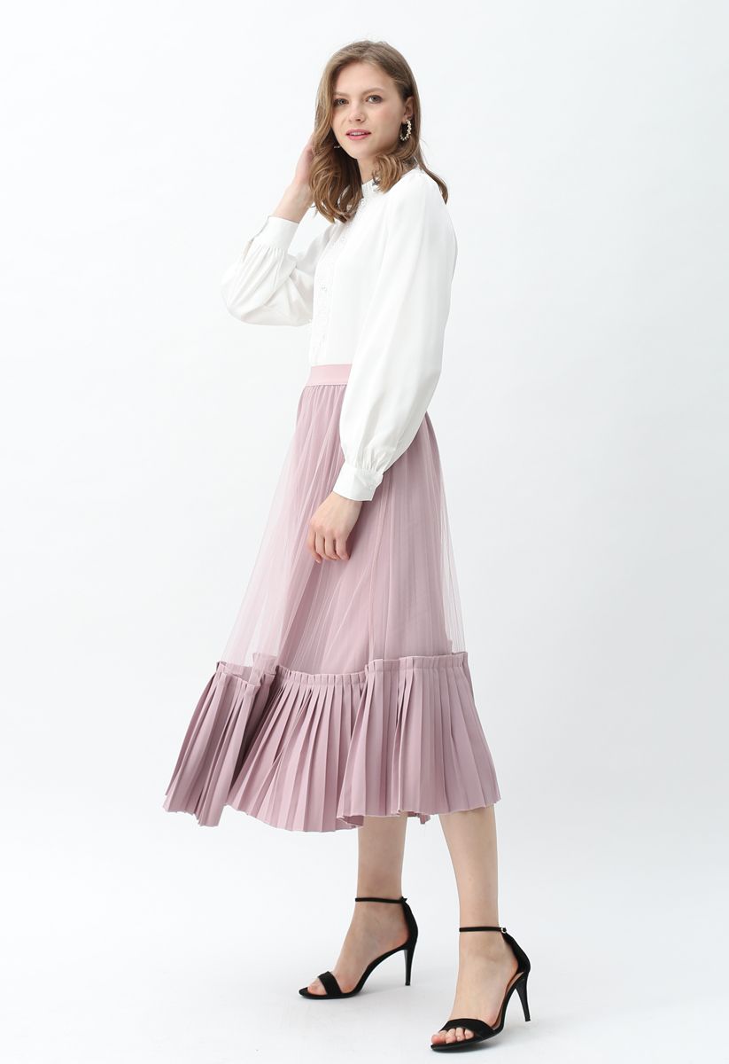 Falda midi plisada con dobladillo asimétrico de malla en lila