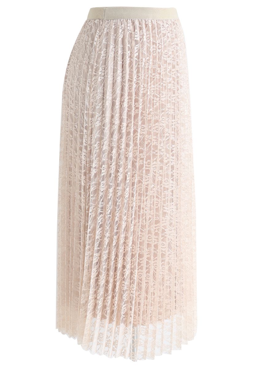 Falda midi plisada de malla floral reversible en crema