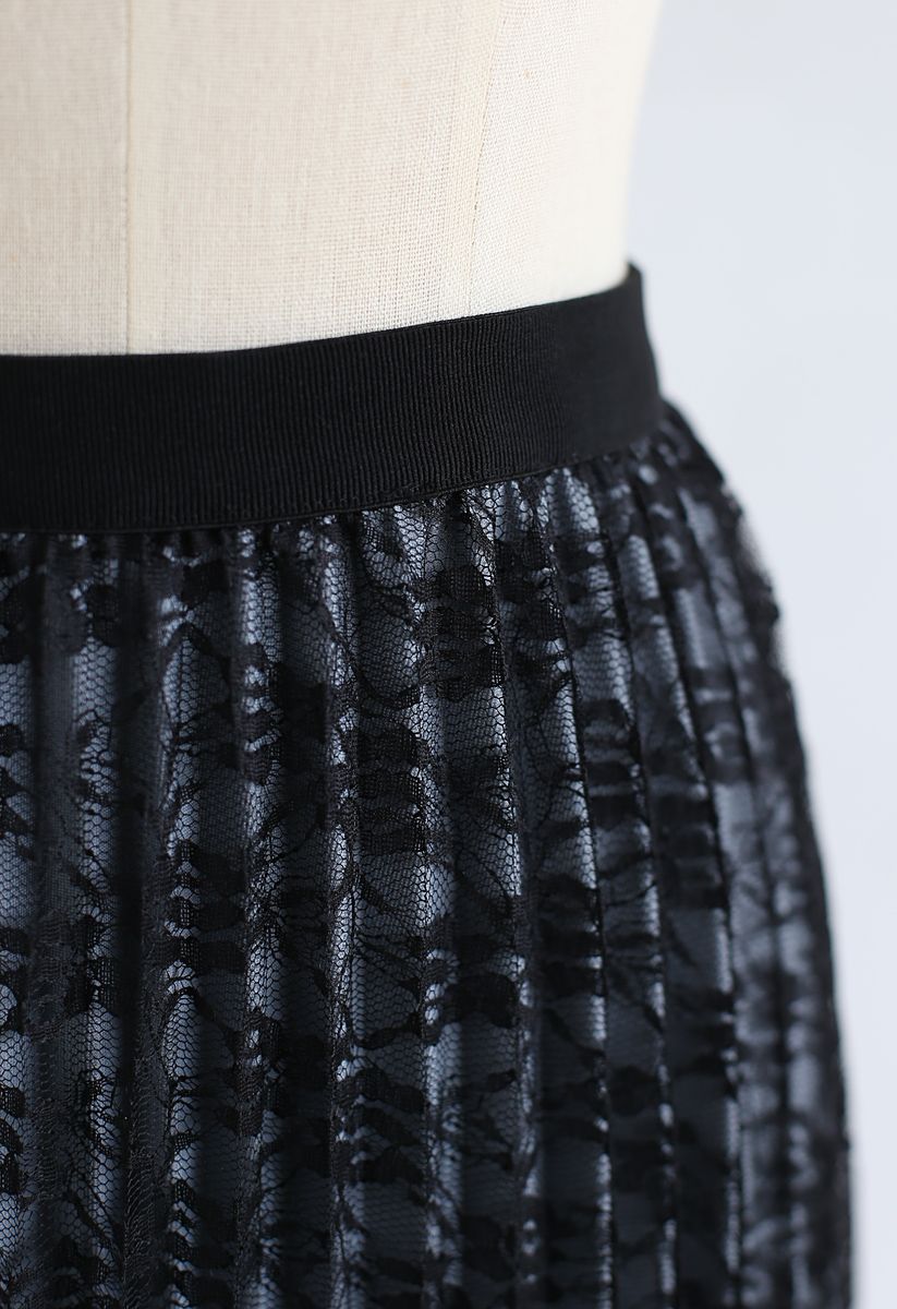 Falda midi plisada de malla floral reversible en negro