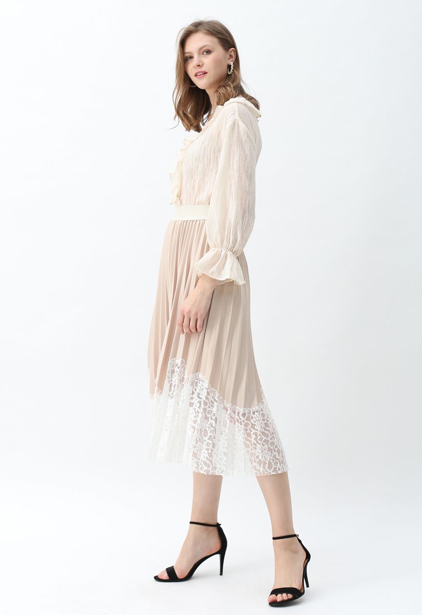 Falda midi plisada con dobladillo de encaje Lightsome en color crema