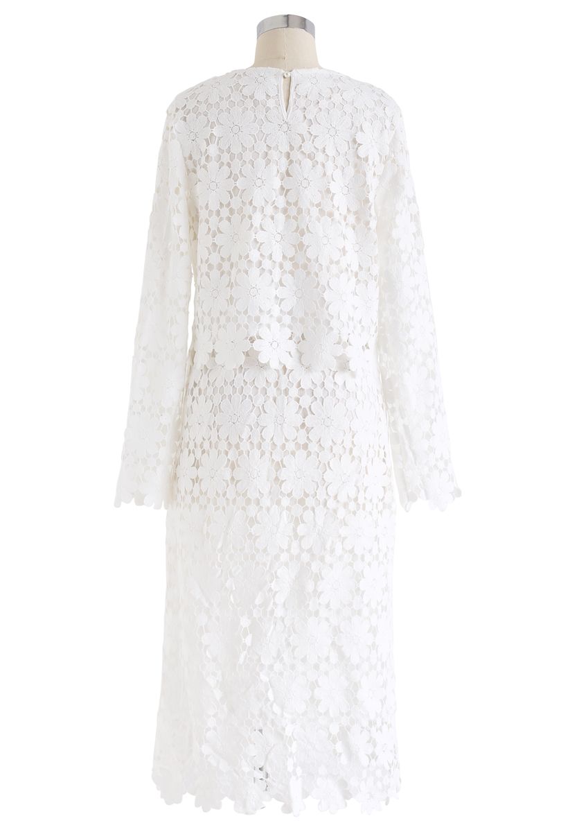 Conjunto de blusa y falda de ganchillo de girasol completo en blanco
