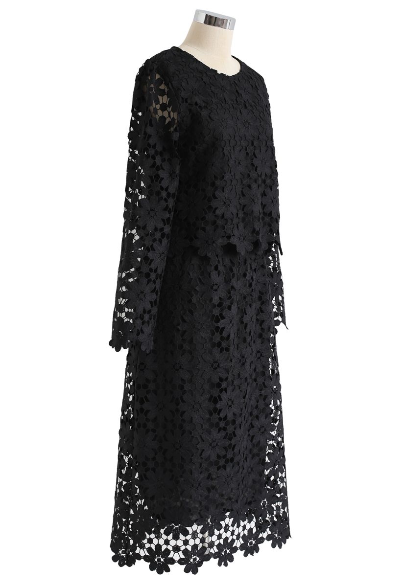 Conjunto de blusa y falda de ganchillo de girasol completo en negro
