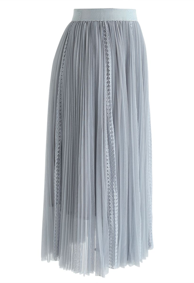 Falda midi plisada de encaje de malla exquisita en azul polvoriento