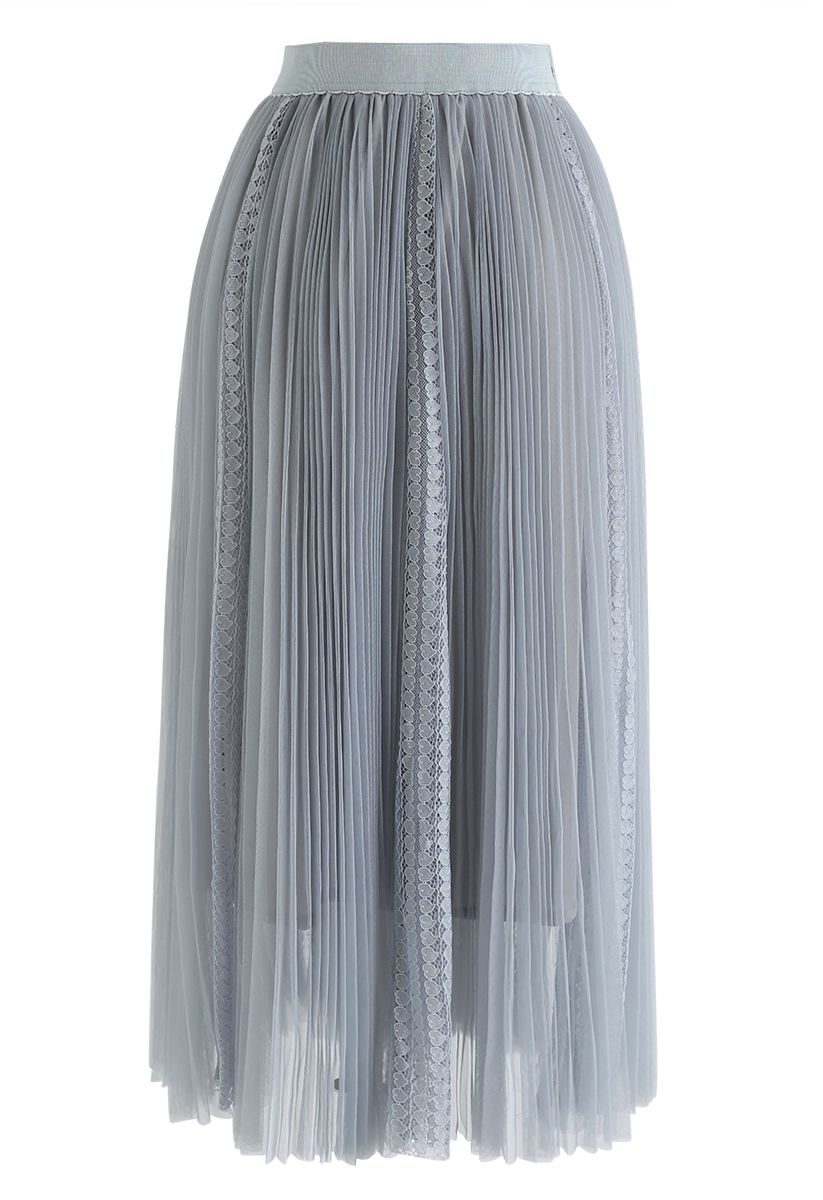 Falda midi plisada de encaje de malla exquisita en azul polvoriento