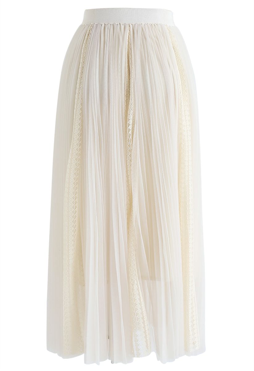 Exquisita falda midi plisada de encaje de malla en color crema