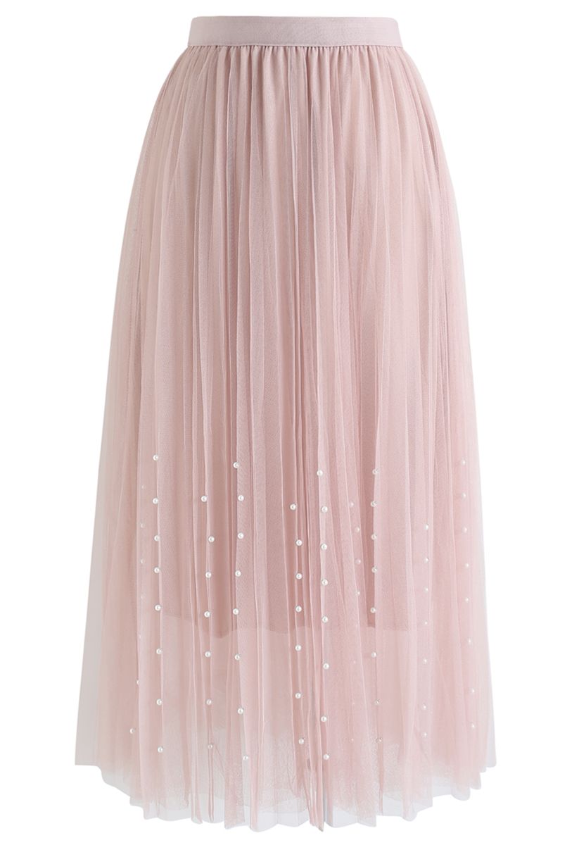 Falda plisada de perlas de tul de malla de doble capa en rosa