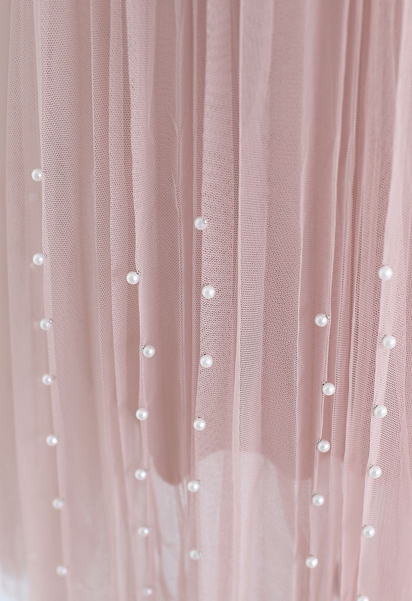 Falda plisada de perlas de tul de malla de doble capa en rosa