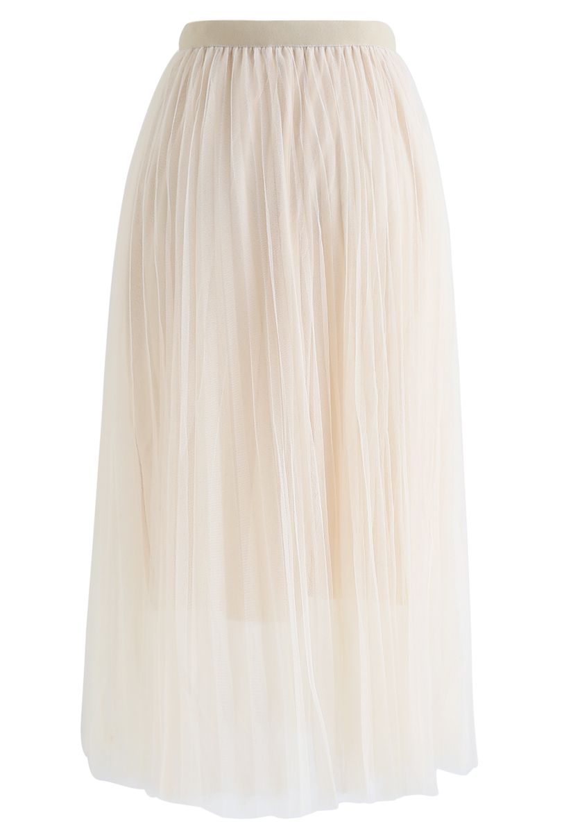 Falda plisada de perlas de tul de malla de doble capa en color crema