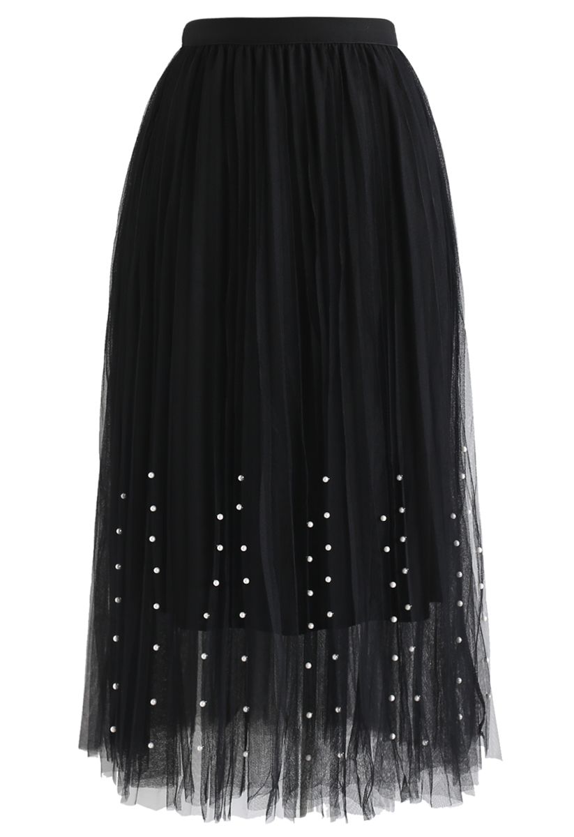 Falda plisada de perlas de tul de malla de doble capa en negro