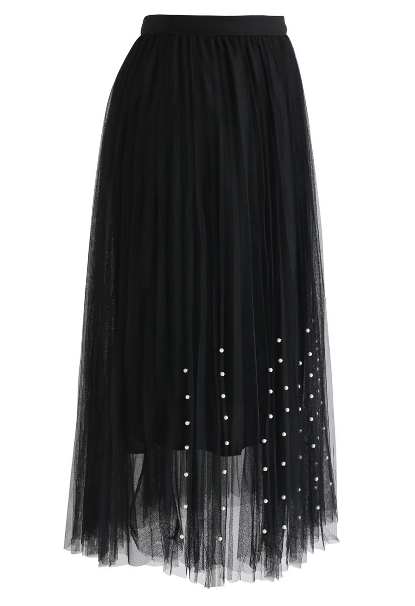 Falda plisada de perlas de tul de malla de doble capa en negro