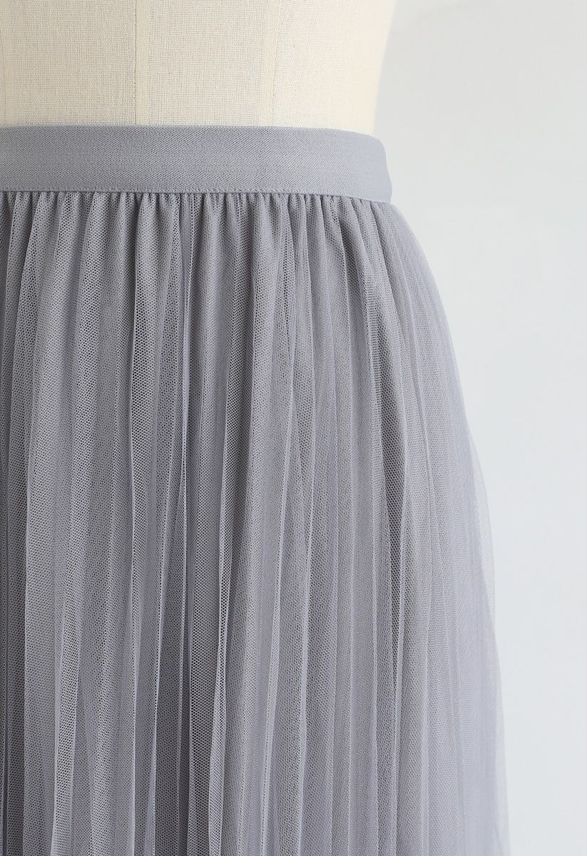 Falda plisada de perlas de tul de malla de doble capa en gris