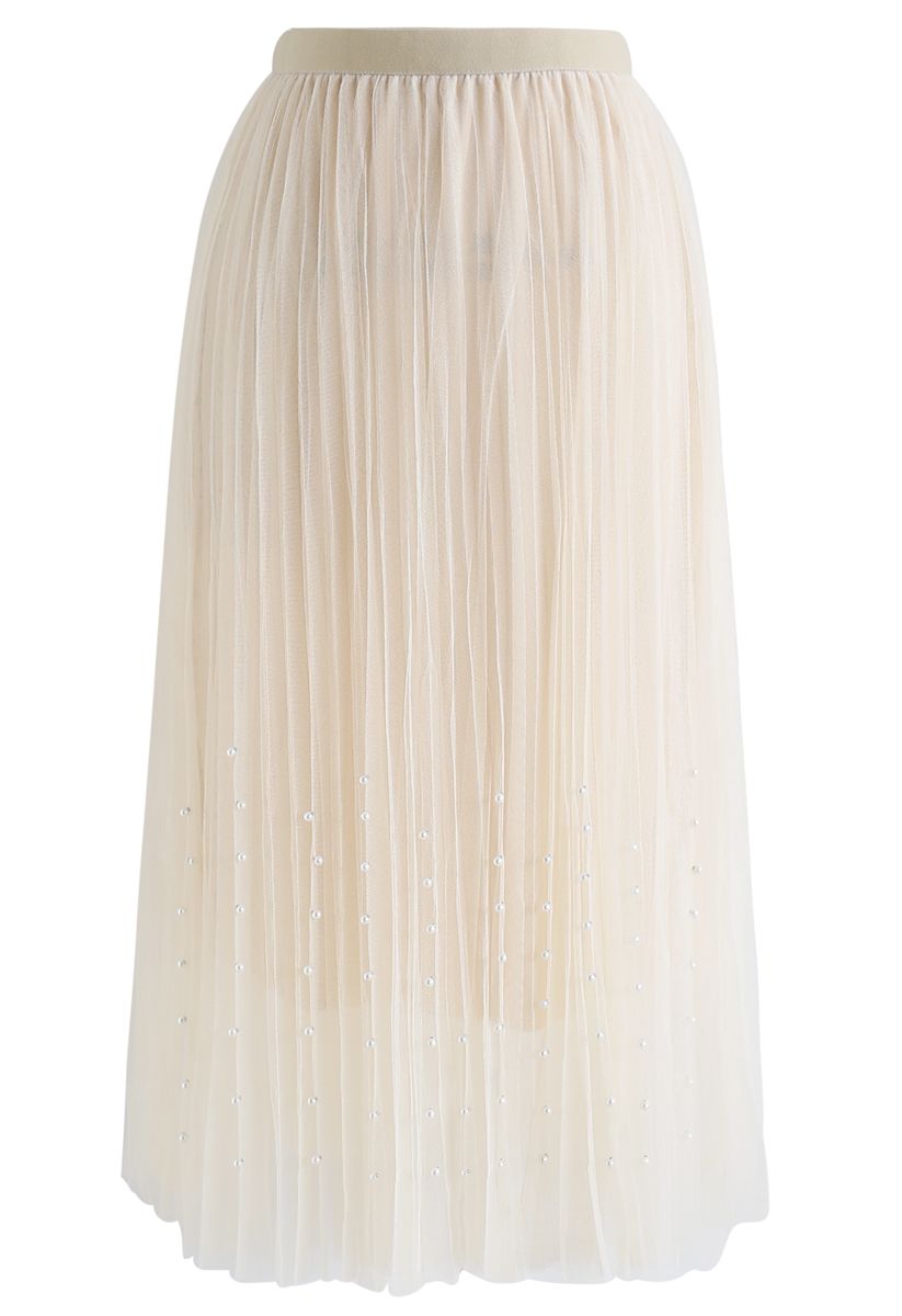 Falda plisada de perlas de tul de malla de doble capa en color crema