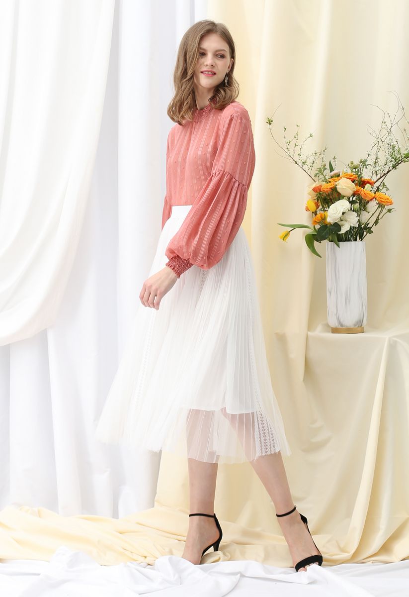 Exquisita falda midi plisada de encaje de malla en blanco