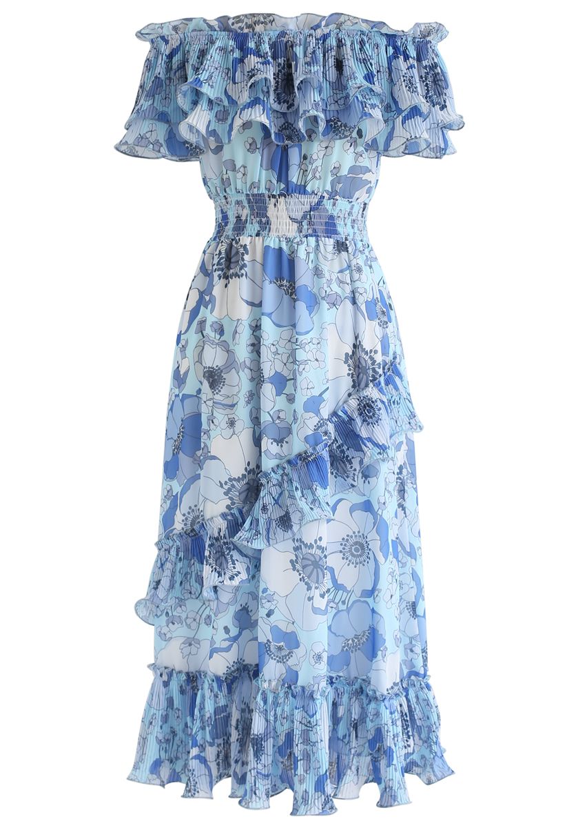 Vestido floral con hombros descubiertos en azul