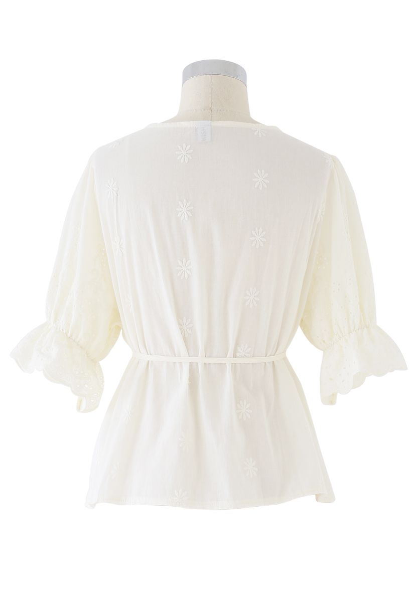 Buttoned Surplice Neck Embroidered Eyelet Top